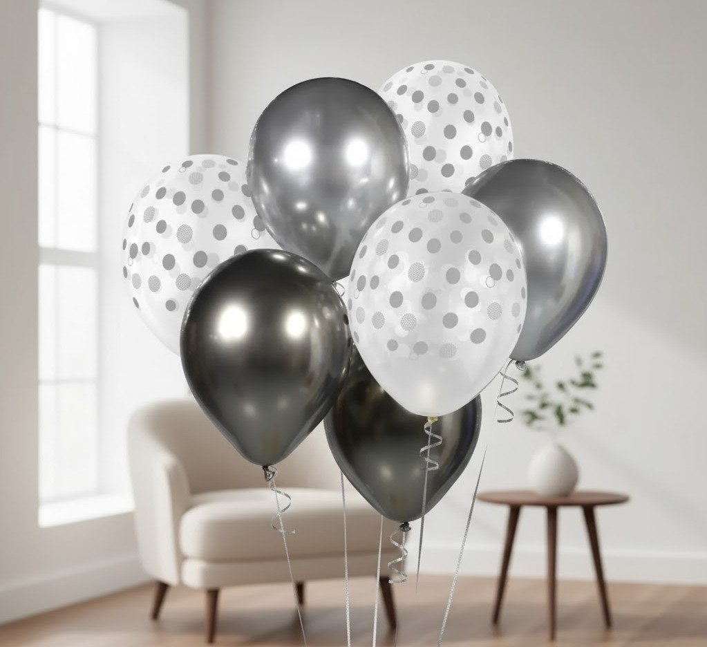 Balionų rinkinys dekorui "Silver & Graphite" 7vnt.